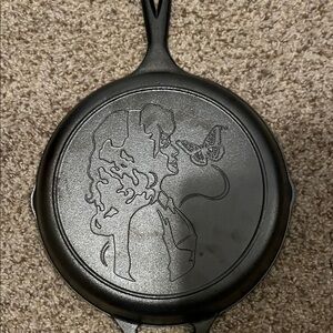 Dolly Parton Black Cast Iron Skillet with Woman and Butterfly Design